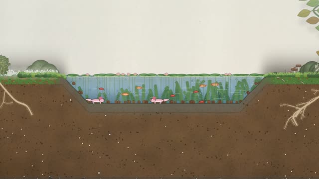 A pond in a jar with axolotls, lilies and reeds